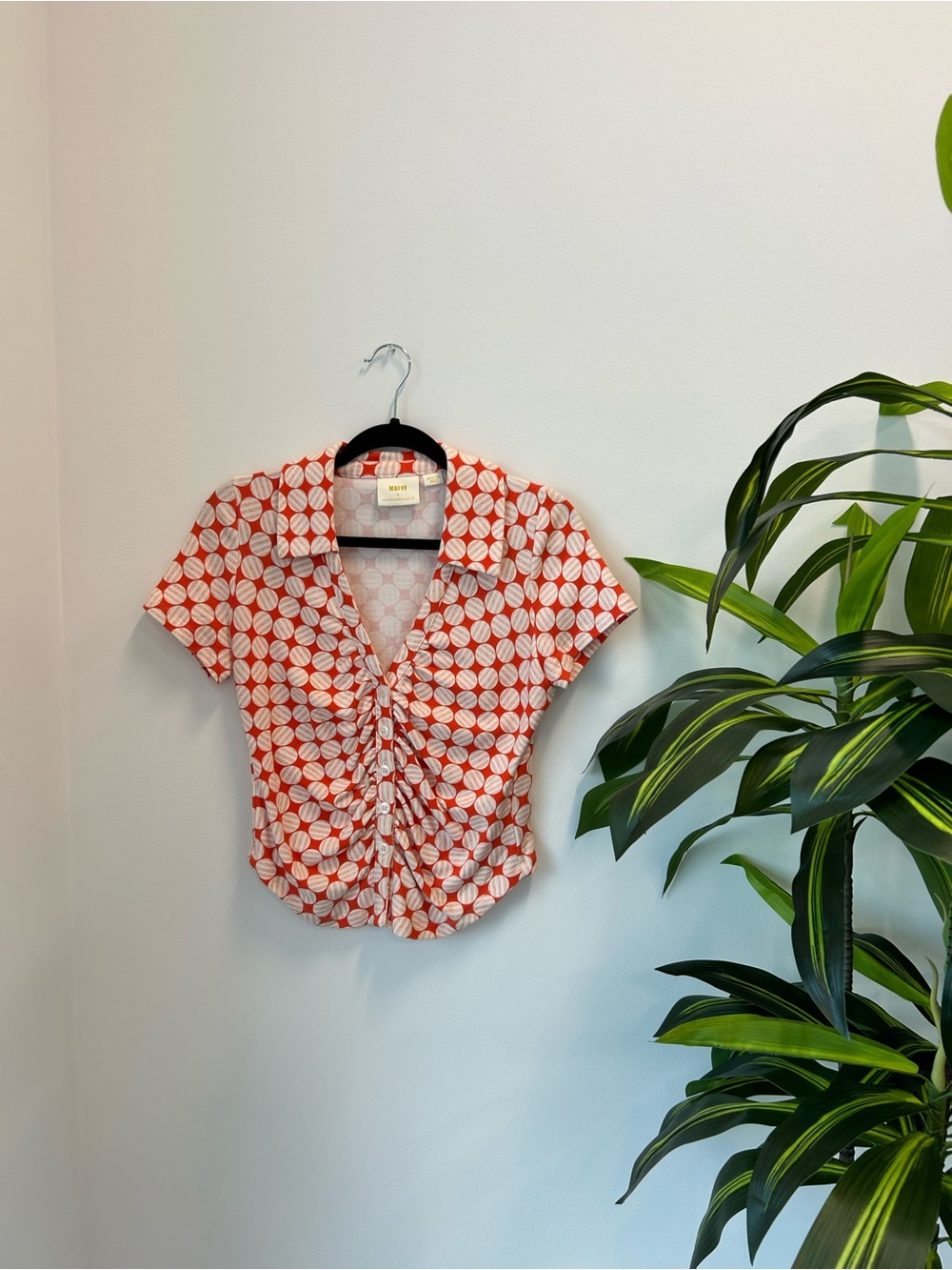 Anthropologie Orange and White Knot-Front Short Sleeve Blouse